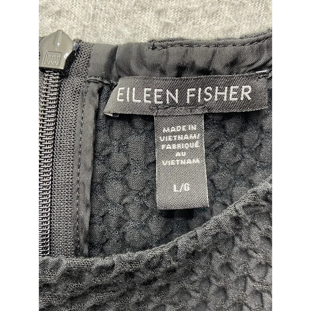 Eileen Fisher Dress Womens L Black Textured Knit Shift Zip Back Short Sleeve